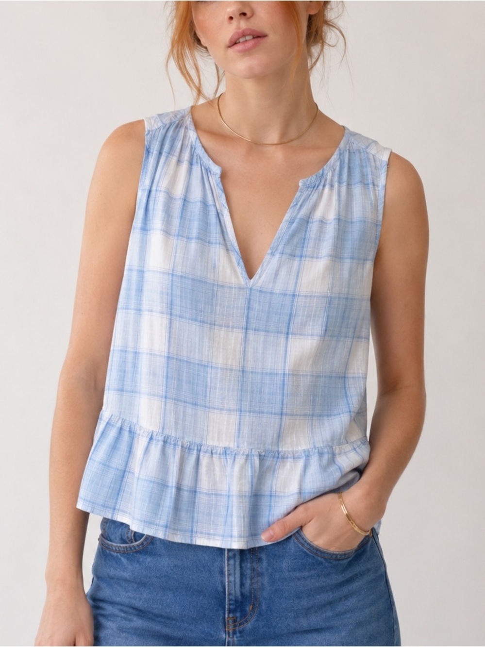 NWT GAP Blue White Plaid V Neck Cotton Splitneck Peplum Sleeveless Tank Top XXL